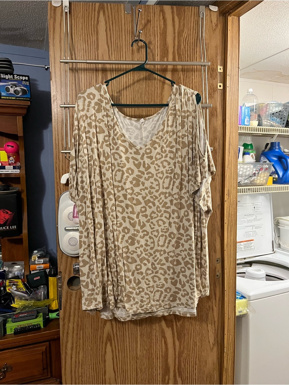 Beige Leopard-Print Cold-Shoulder Tunic Top